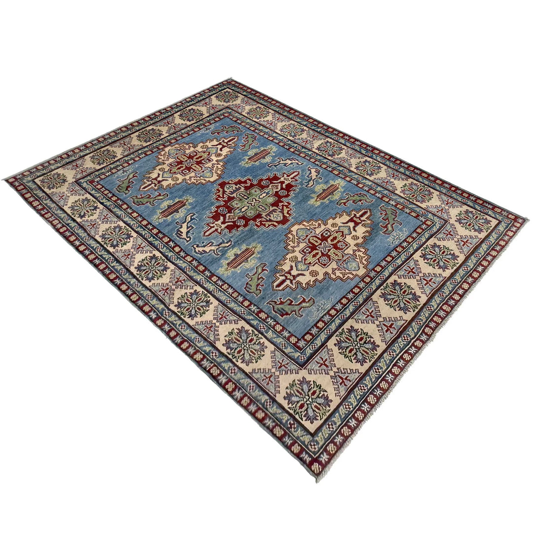 Blue Afghan Kazak Rug 4' 11" x 6' 9" Hand-Knotted | No. AL56966