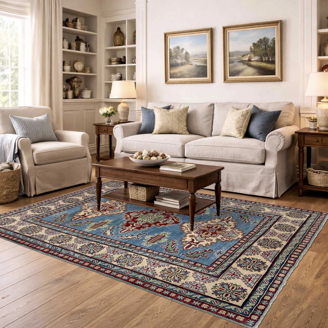 Blue Afghan Kazak Rug 4' 11" x 6' 9" Hand-Knotted | No. AL56966