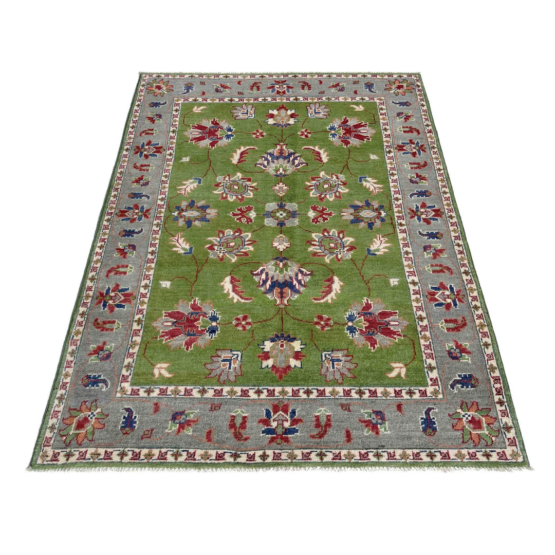 Green Afghan Kazak Rug 4' 0" x 6' 3" Hand-Knotted | No. AL57154