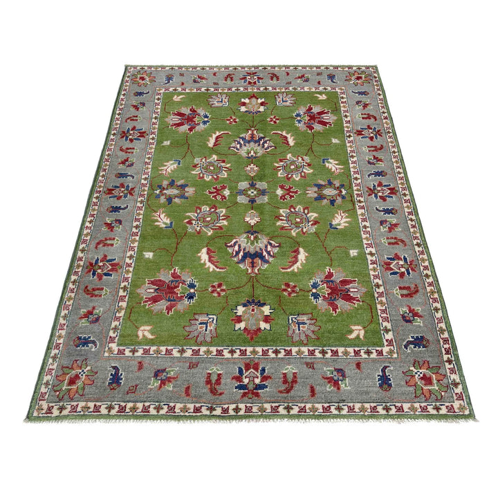 Green Afghan Kazak Rug 4' 0" x 6' 3" Hand-Knotted | No. AL57154