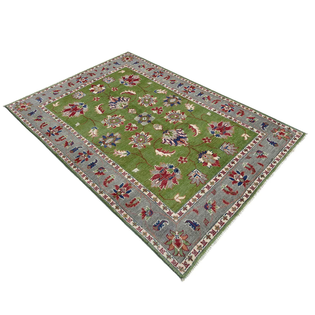 Green Afghan Kazak Rug 4' 0" x 6' 3" Hand-Knotted | No. AL57154