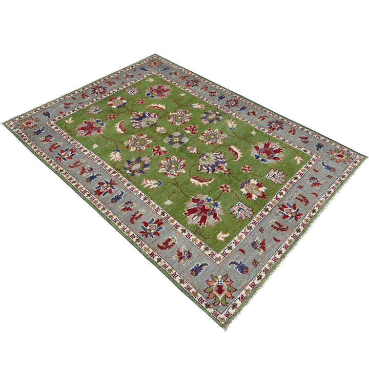 Green Afghan Kazak Rug 4' 0" x 6' 3" Hand-Knotted | No. AL57154
