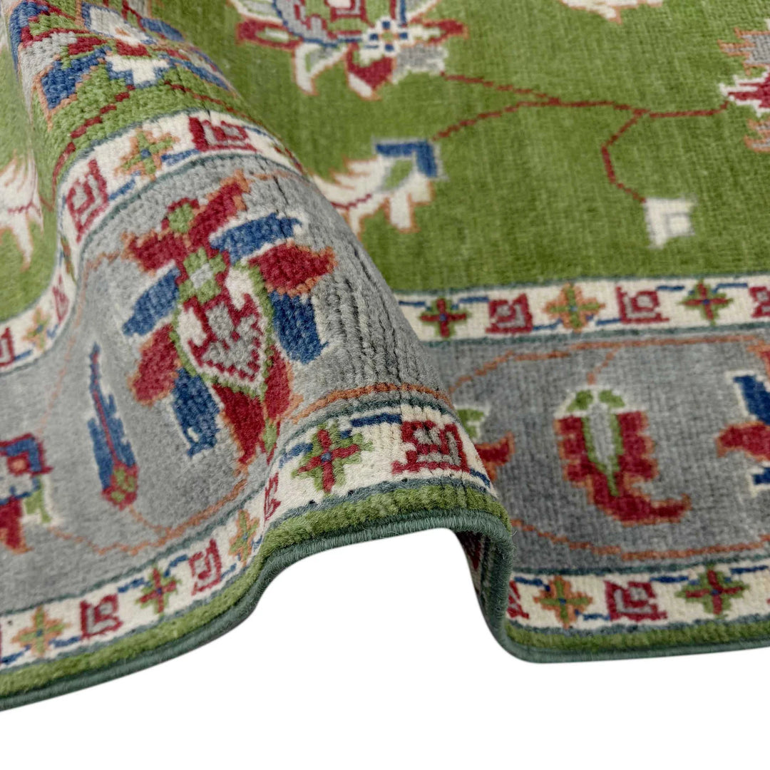 Green Afghan Kazak Rug 4' 0" x 6' 3" Hand-Knotted | No. AL57154