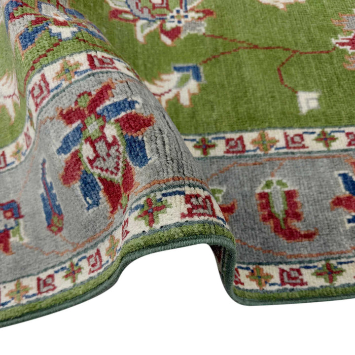Green Afghan Kazak Rug 4' 0" x 6' 3" Hand-Knotted | No. AL57154