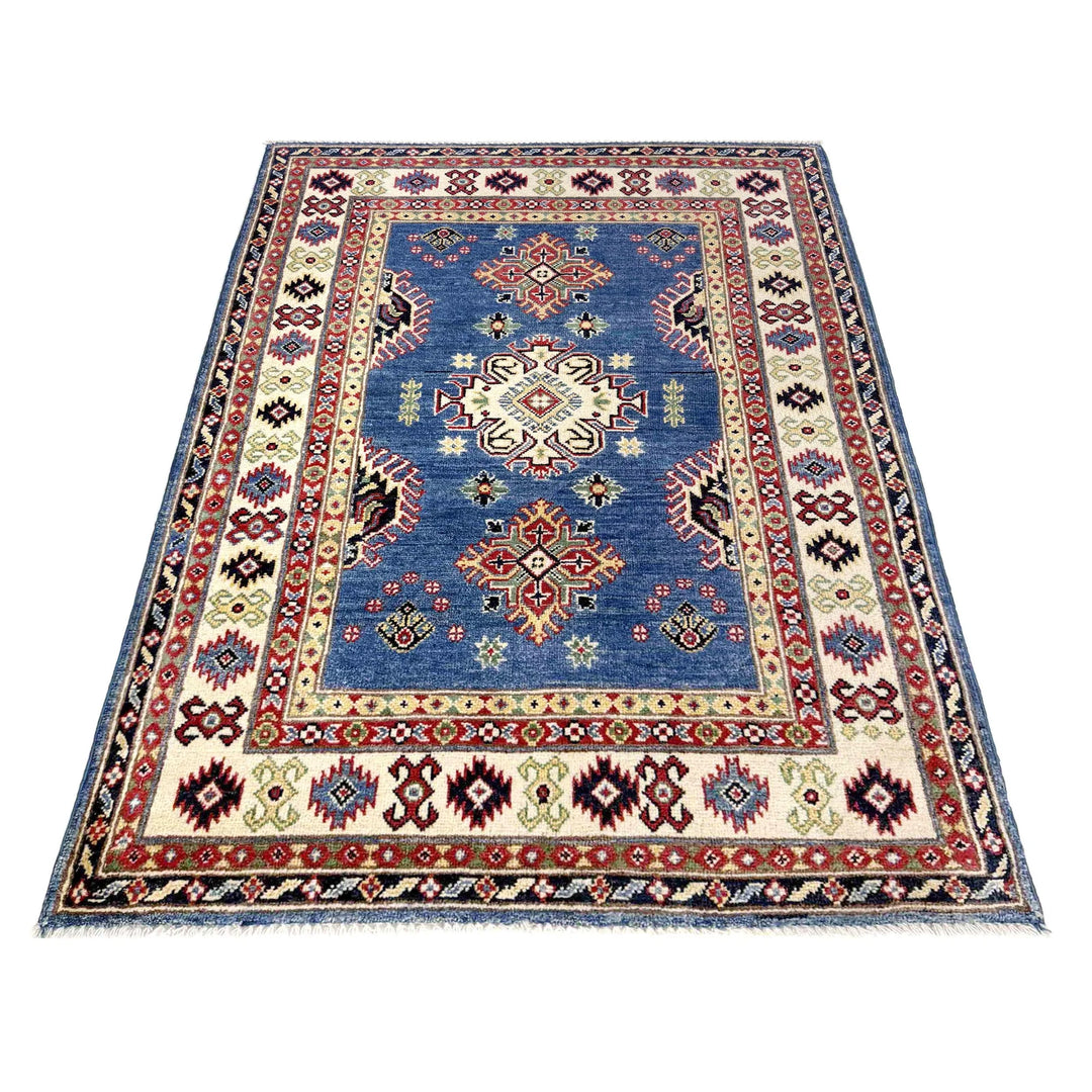 Blue Afghan Kazak Rug 3' 2" x 4' 9" Hand-Knotted | No. AL57169
