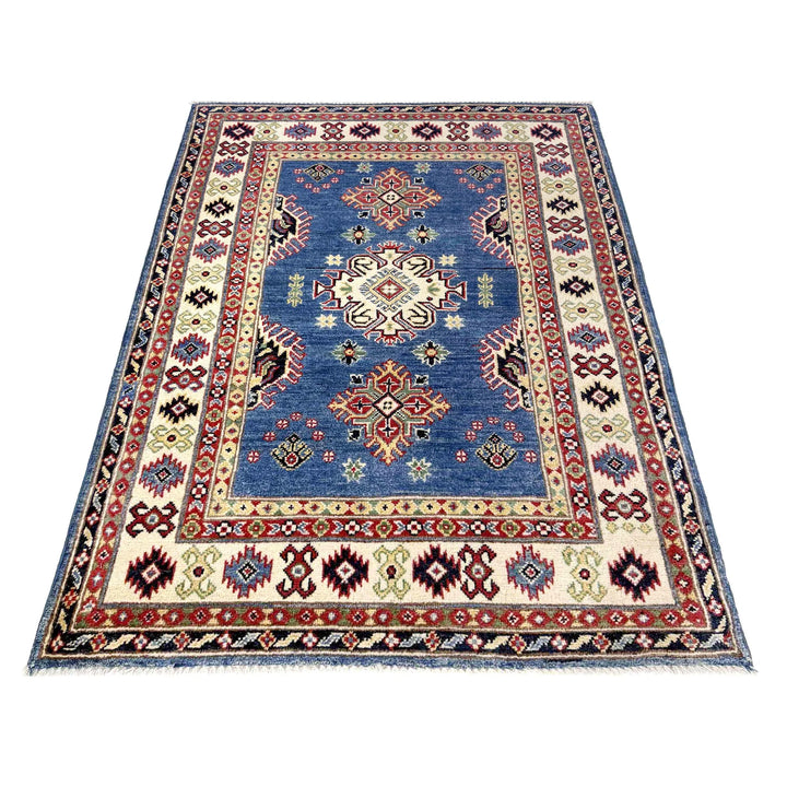 Blue Afghan Kazak Rug 3' 2" x 4' 9" Hand-Knotted | No. AL57169