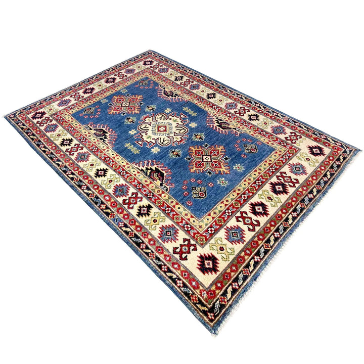 Blue Afghan Kazak Rug 3' 2" x 4' 9" Hand-Knotted | No. AL57169