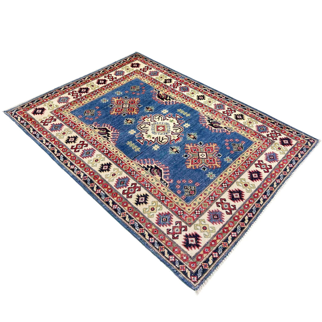 Blue Afghan Kazak Rug 3' 2" x 4' 9" Hand-Knotted | No. AL57169