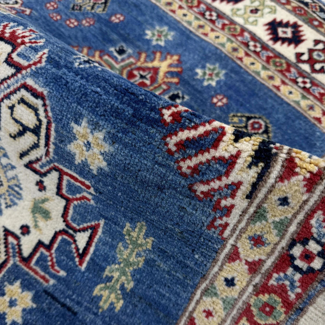 Blue Afghan Kazak Rug 3' 2" x 4' 9" Hand-Knotted | No. AL57169