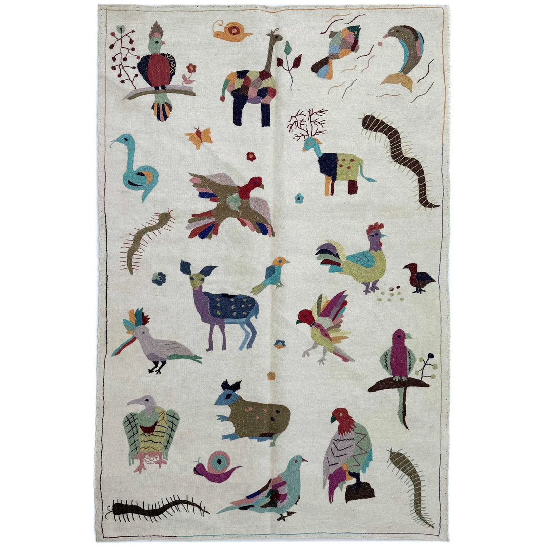 Beige Pakistani Embroidery Kilim Rug 3' 11" x 6' 3" Hand-Knotted | No. AL57249