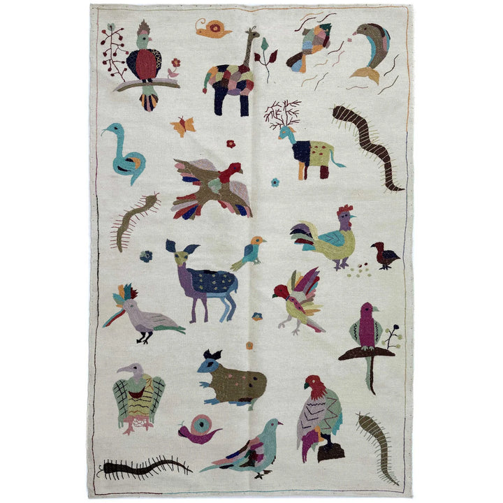 Beige Pakistani Embroidery Kilim Rug 3' 11" x 6' 3" Hand-Knotted | No. AL57249