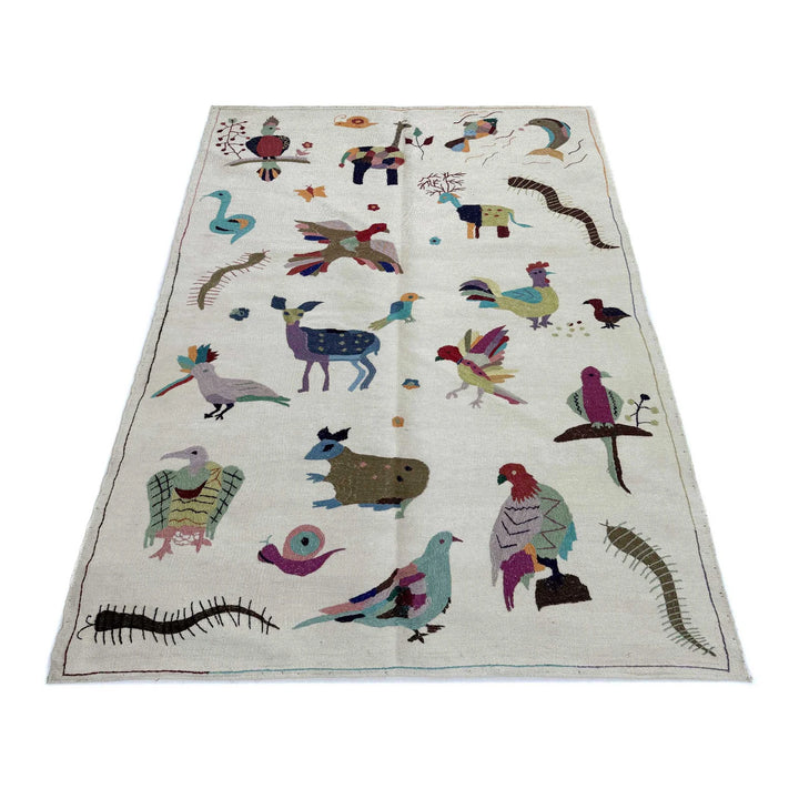Beige Pakistani Embroidery Kilim Rug 3' 11" x 6' 3" Hand-Knotted | No. AL57249