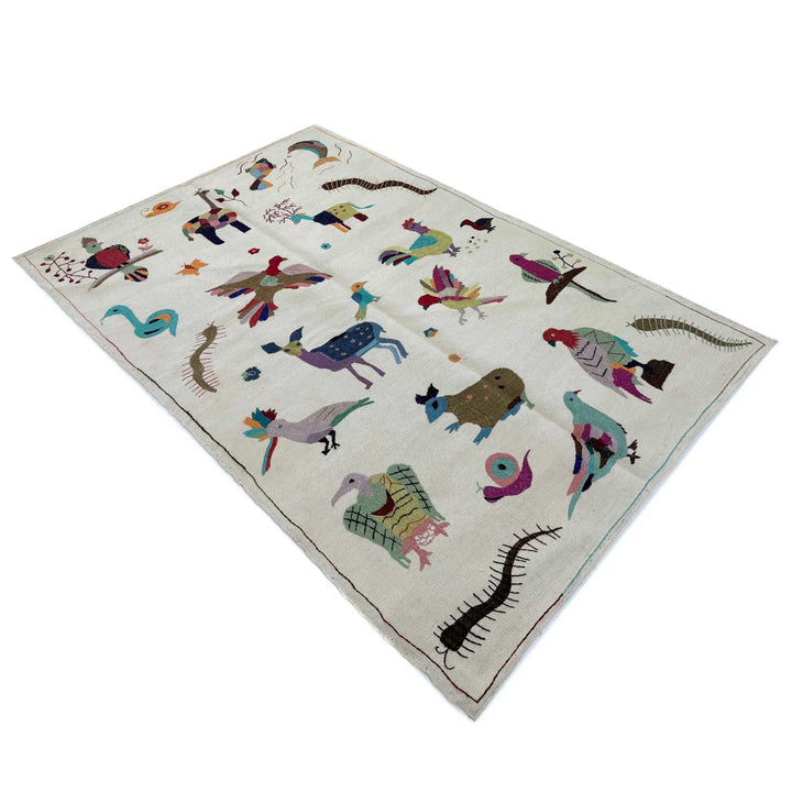 Beige Pakistani Embroidery Kilim Rug 3' 11" x 6' 3" Hand-Knotted | No. AL57249