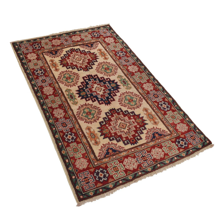 Ivory Afghan Kazak Rug 2' 7" x 4' 3" Hand-Knotted | No. AL57278