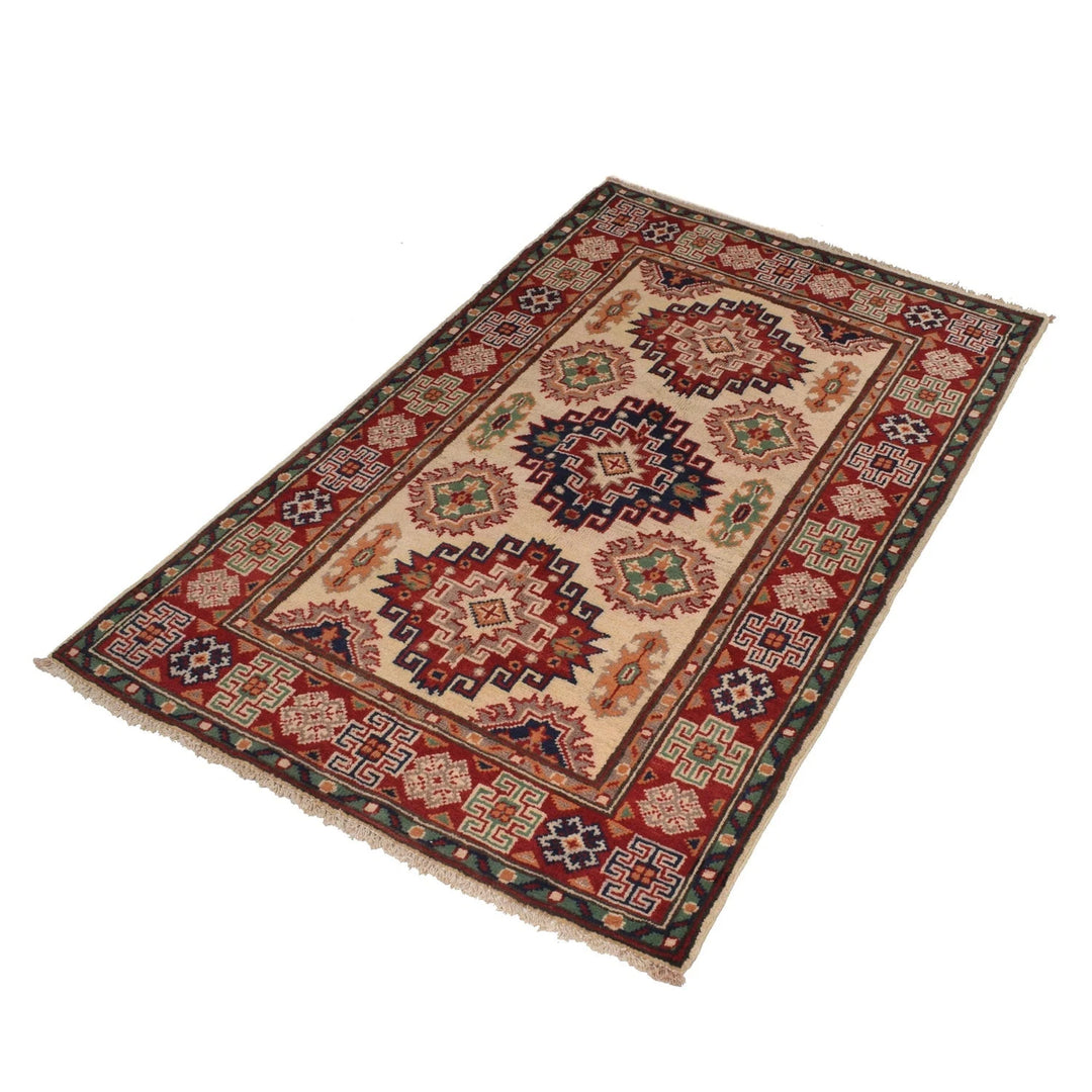 Ivory Afghan Kazak Rug 2' 7" x 4' 3" Hand-Knotted | No. AL57278