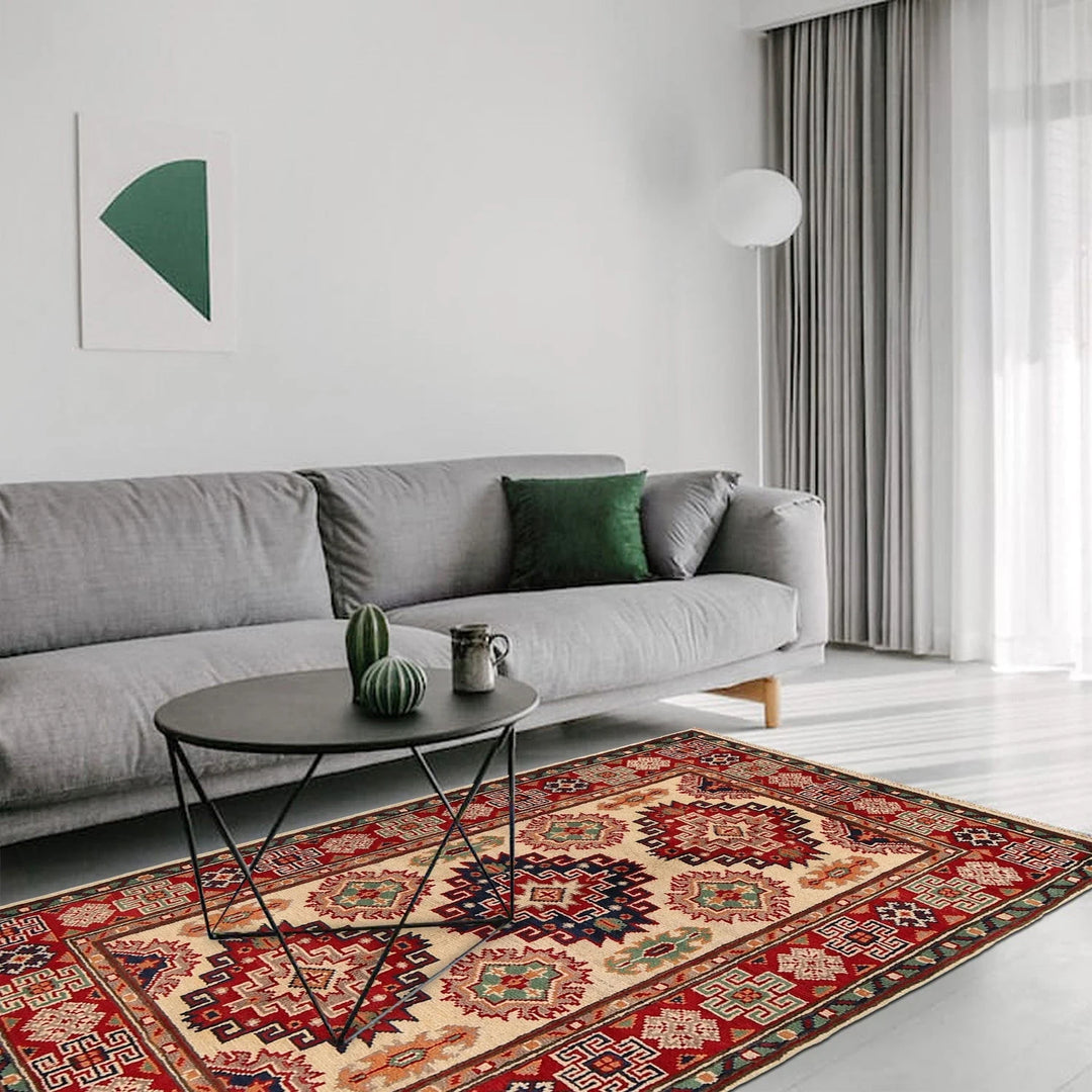 Ivory Afghan Kazak Rug 2' 7" x 4' 3" Hand-Knotted | No. AL57278