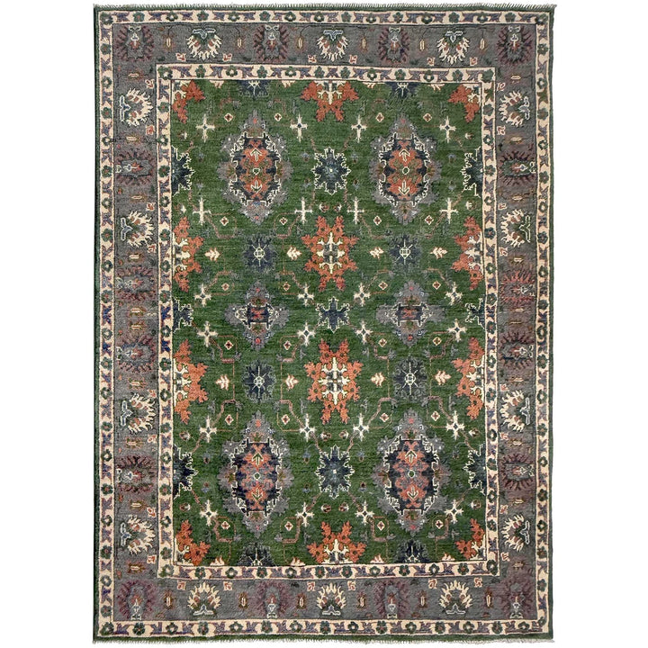 Green Afghan Kazak Rug 4' 10" x 7' 1" Hand-Knotted | No. AL57556