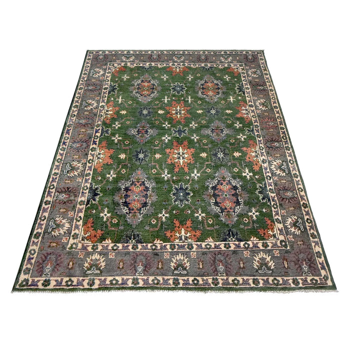 Green Afghan Kazak Rug 4' 10" x 7' 1" Hand-Knotted | No. AL57556