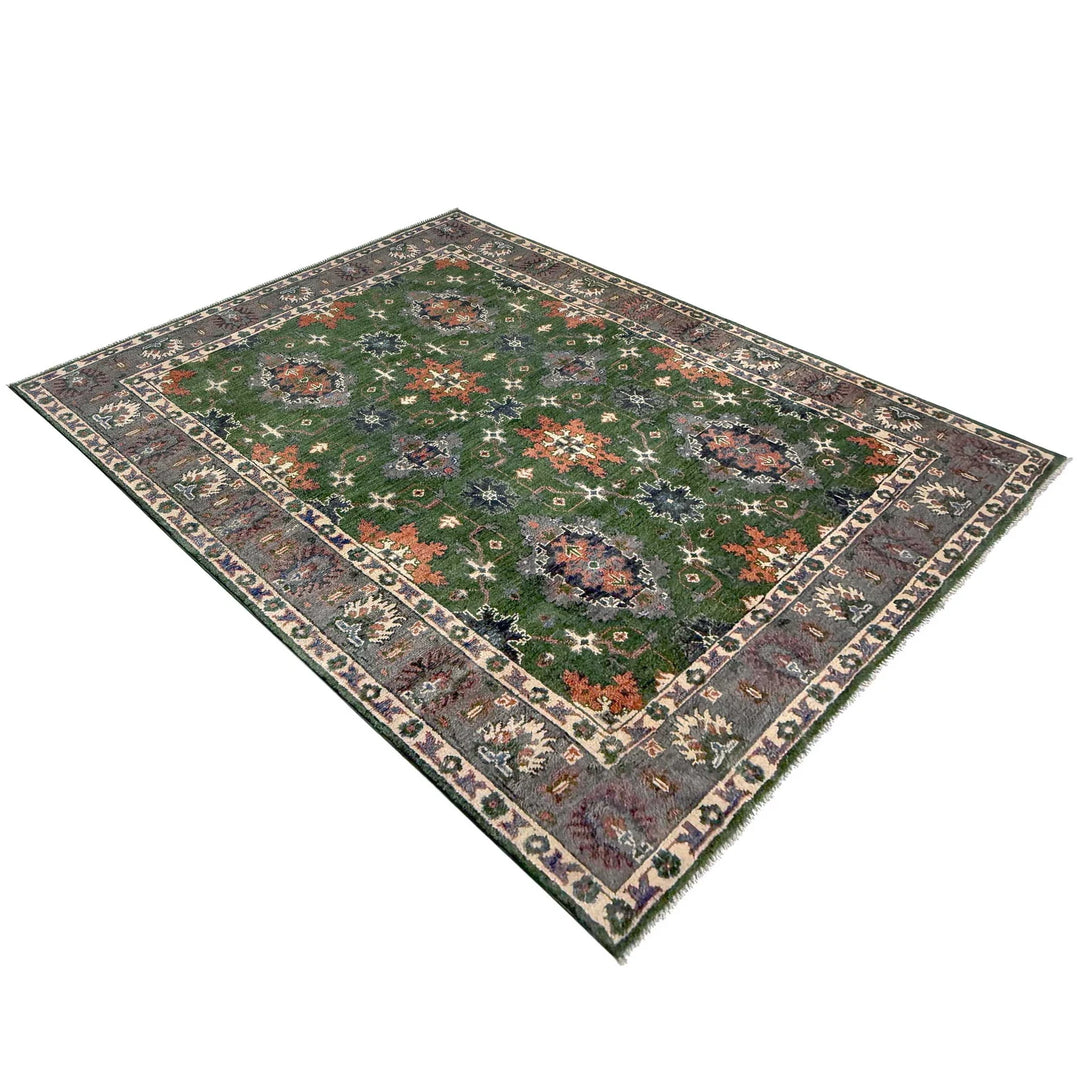 Green Afghan Kazak Rug 4' 10" x 7' 1" Hand-Knotted | No. AL57556