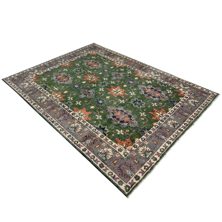 Green Afghan Kazak Rug 4' 10" x 7' 1" Hand-Knotted | No. AL57556