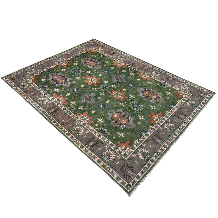 Green Afghan Kazak Rug 4' 10" x 7' 1" Hand-Knotted | No. AL57556
