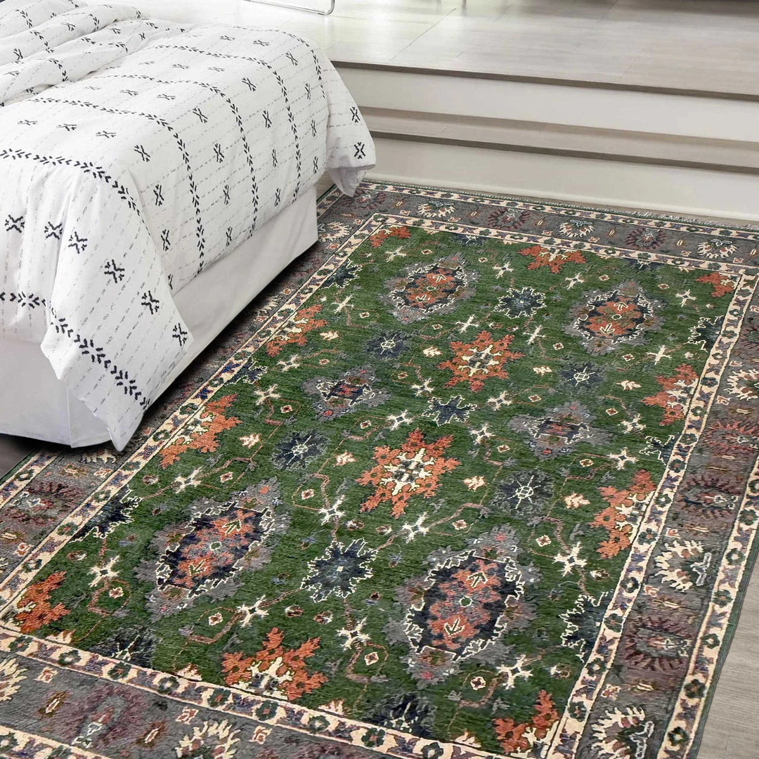 Green Afghan Kazak Rug 4' 10" x 7' 1" Hand-Knotted | No. AL57556