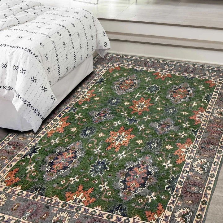 Green Afghan Kazak Rug 4' 10" x 7' 1" Hand-Knotted | No. AL57556