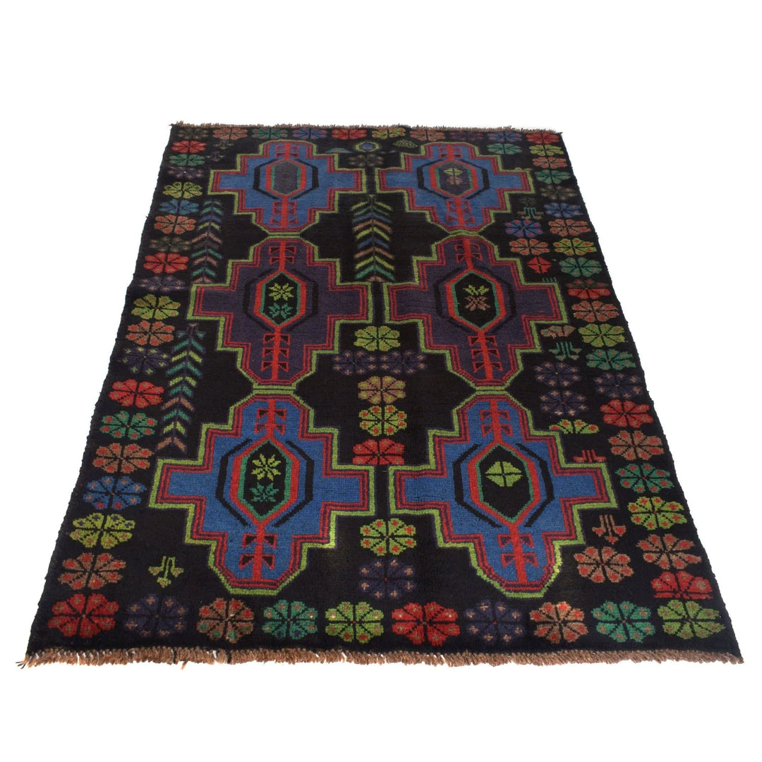 Black Afghan Baluchi Rug 4' 1" x 6' 4" Hand-Knotted | No. AL57562
