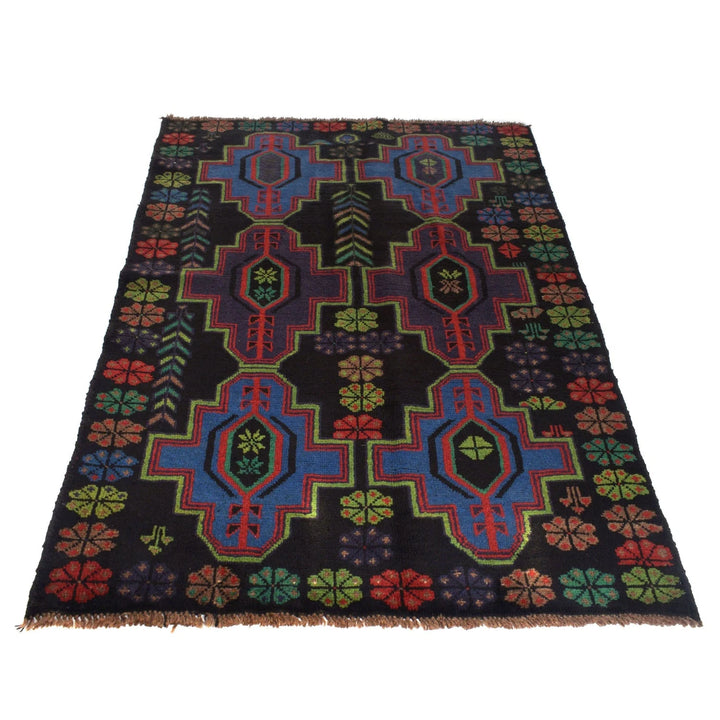 Black Afghan Baluchi Rug 4' 1" x 6' 4" Hand-Knotted | No. AL57562