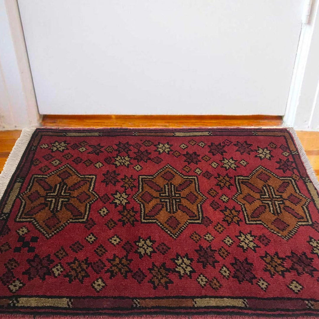 Red Afghan Oriental Doormat 1' 5" x 1' 11" Hand-Knotted | No. AL57804