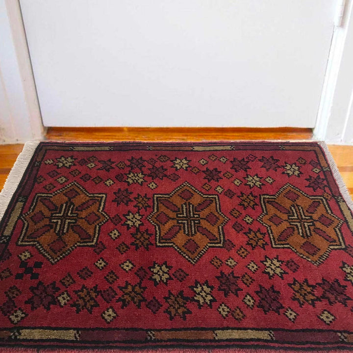 Red Afghan Oriental Doormat 1' 5" x 1' 11" Hand-Knotted | No. AL57804