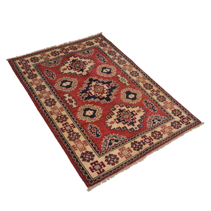 Red Afghan Kazak Rug 2' 9" x 3' 9" Hand-Knotted | No. AL57811