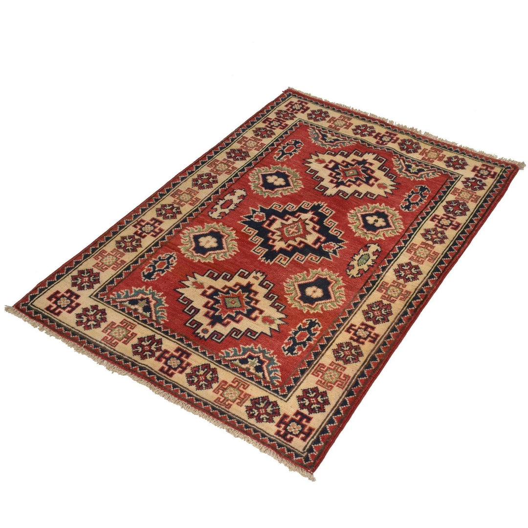 Red Afghan Kazak Rug 2' 9" x 3' 9" Hand-Knotted | No. AL57811