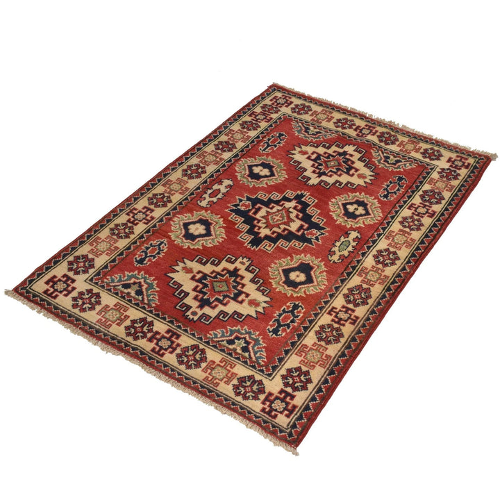 Red Afghan Kazak Rug 2' 9" x 3' 9" Hand-Knotted | No. AL57811