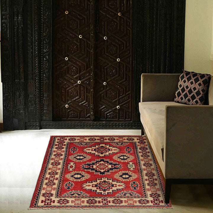 Red Afghan Kazak Rug 2' 9" x 3' 9" Hand-Knotted | No. AL57811