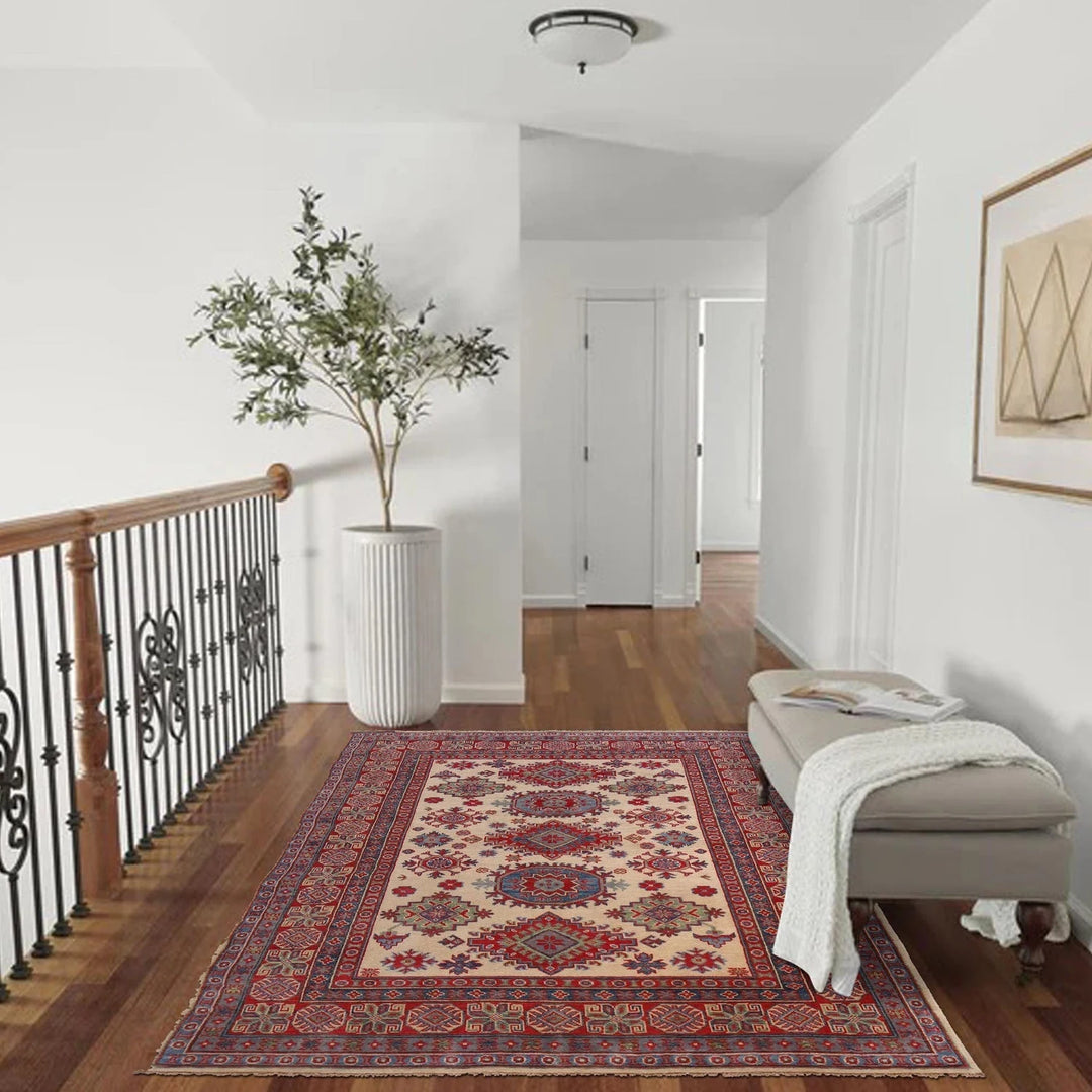 Ivory Afghan Kazak Rug 4' 10" x 6' 5" Hand-Knotted | No. AL57841