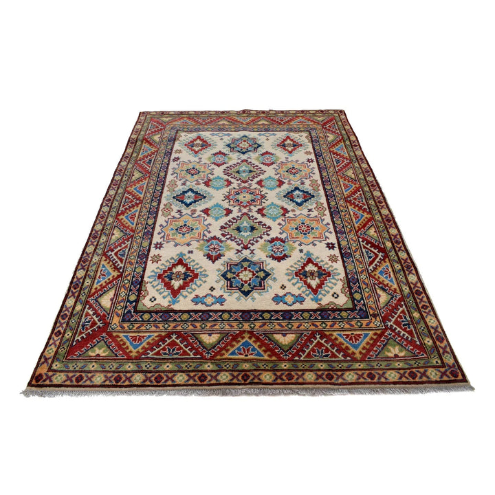 Ivory Afghan Kazak Rug 4' 11" x 7' 1" Hand-Knotted | No. AL57972