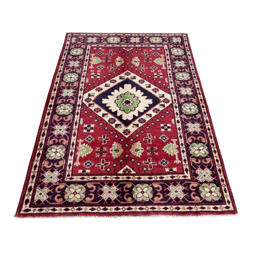 Red Afghan Kazak Rug 3' 3" x 4' 10" Hand-Knotted | No. AL58172