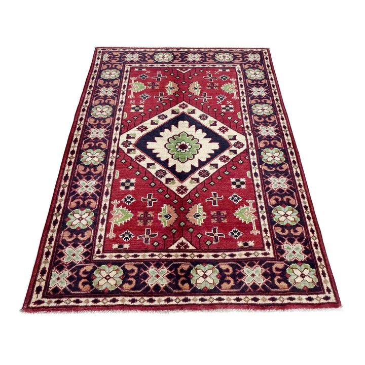 Red Afghan Kazak Rug 3' 3" x 4' 10" Hand-Knotted | No. AL58172