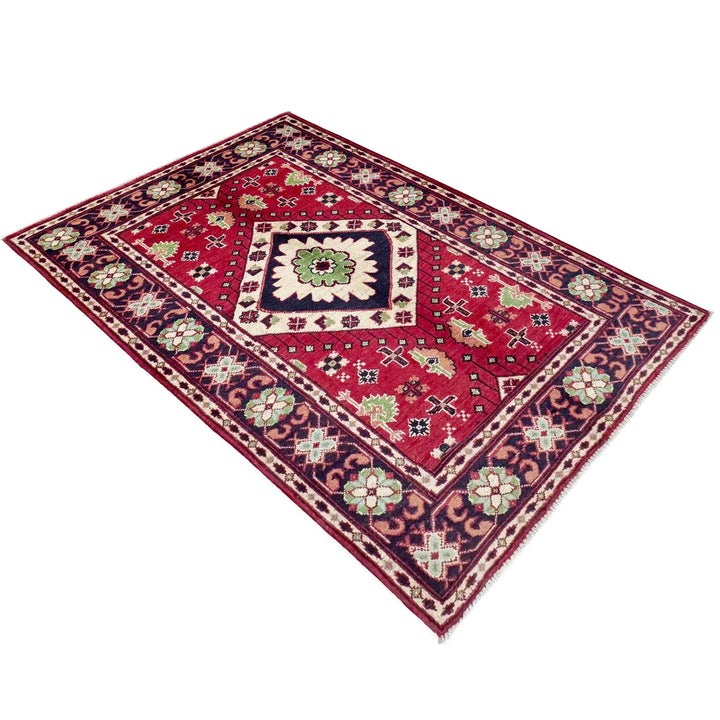 Red Afghan Kazak Rug 3' 3" x 4' 10" Hand-Knotted | No. AL58172