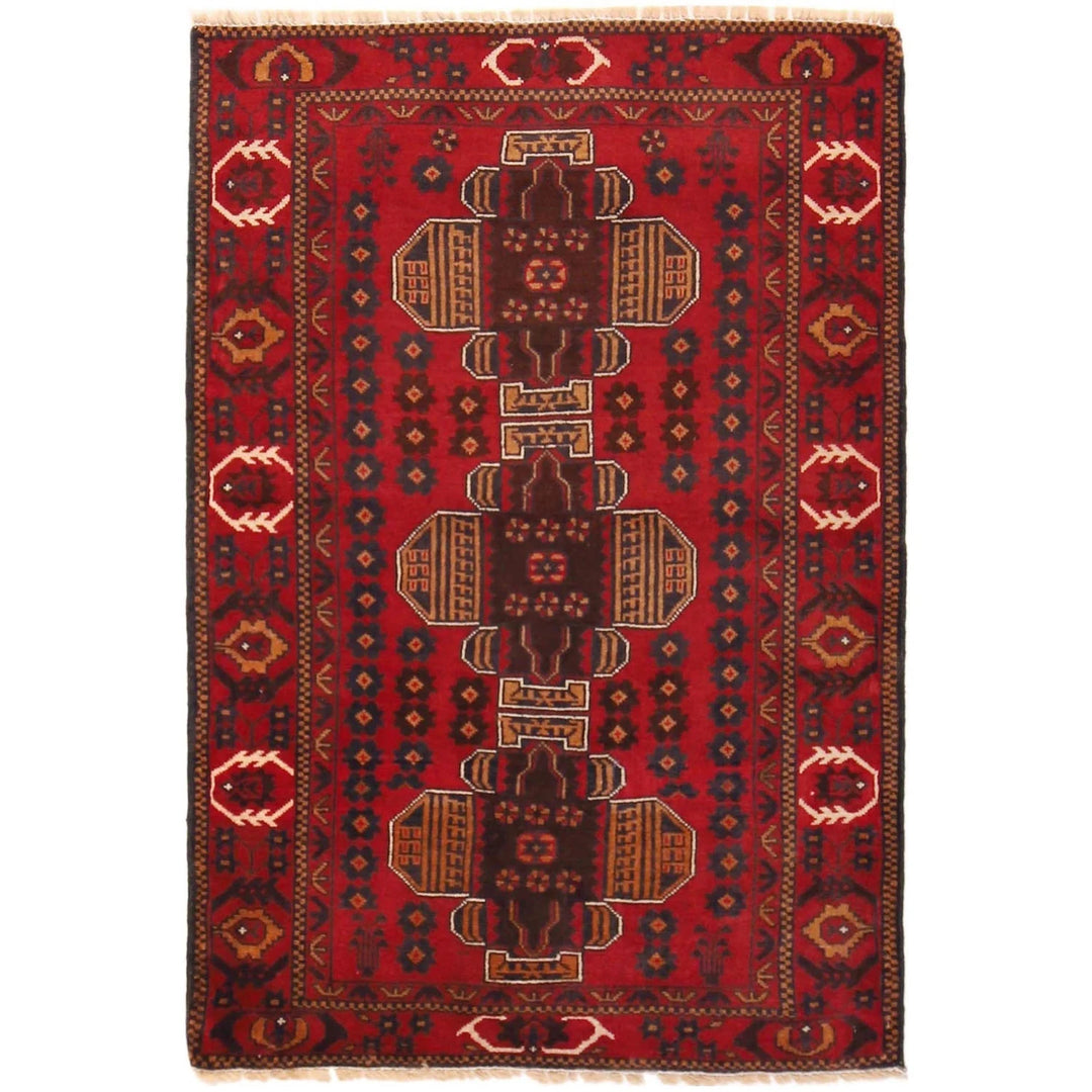 Red Afghan Baluchi Rug 3' 1" x 4' 6" Hand-Knotted | No. AL58290