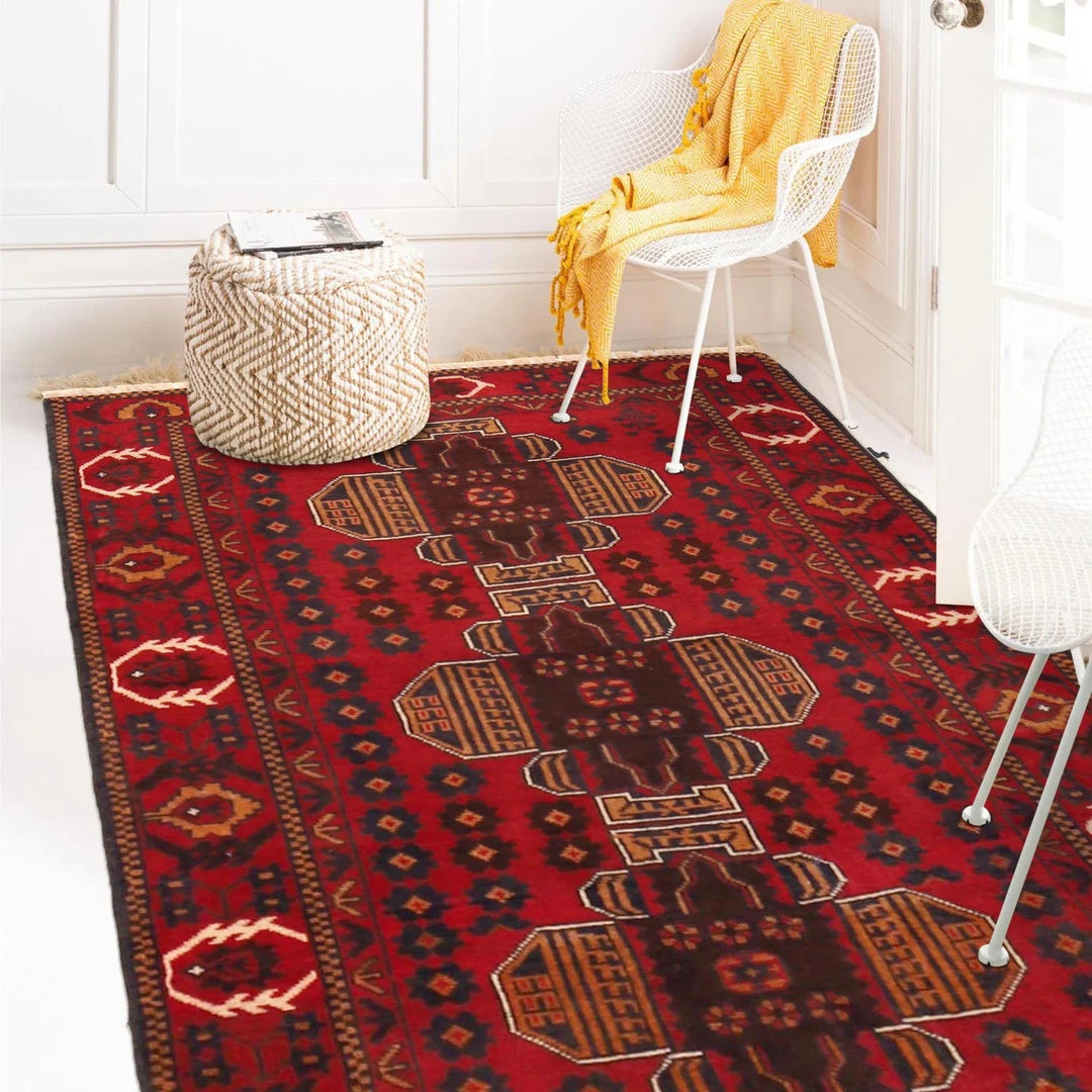 Red Afghan Baluchi Rug 3' 1" x 4' 6" Hand-Knotted | No. AL58290