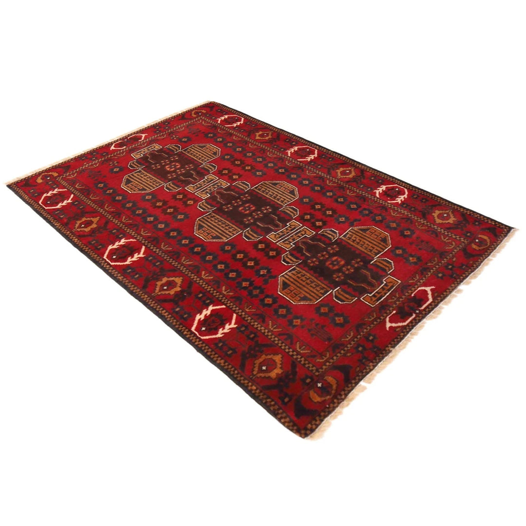 Red Afghan Baluchi Rug 3' 1" x 4' 6" Hand-Knotted | No. AL58290