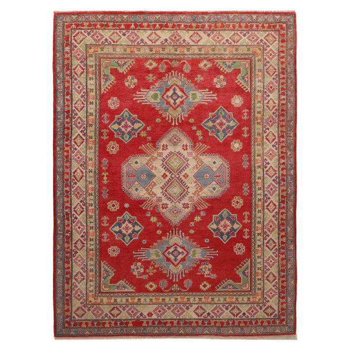 Red Afghan Kazak Rug 6' 7" x 9' 10" Hand-Knotted | No. AL58511