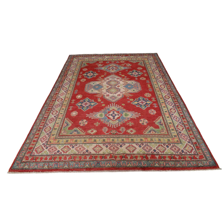 Red Afghan Kazak Rug 6' 7" x 9' 10" Hand-Knotted | No. AL58511