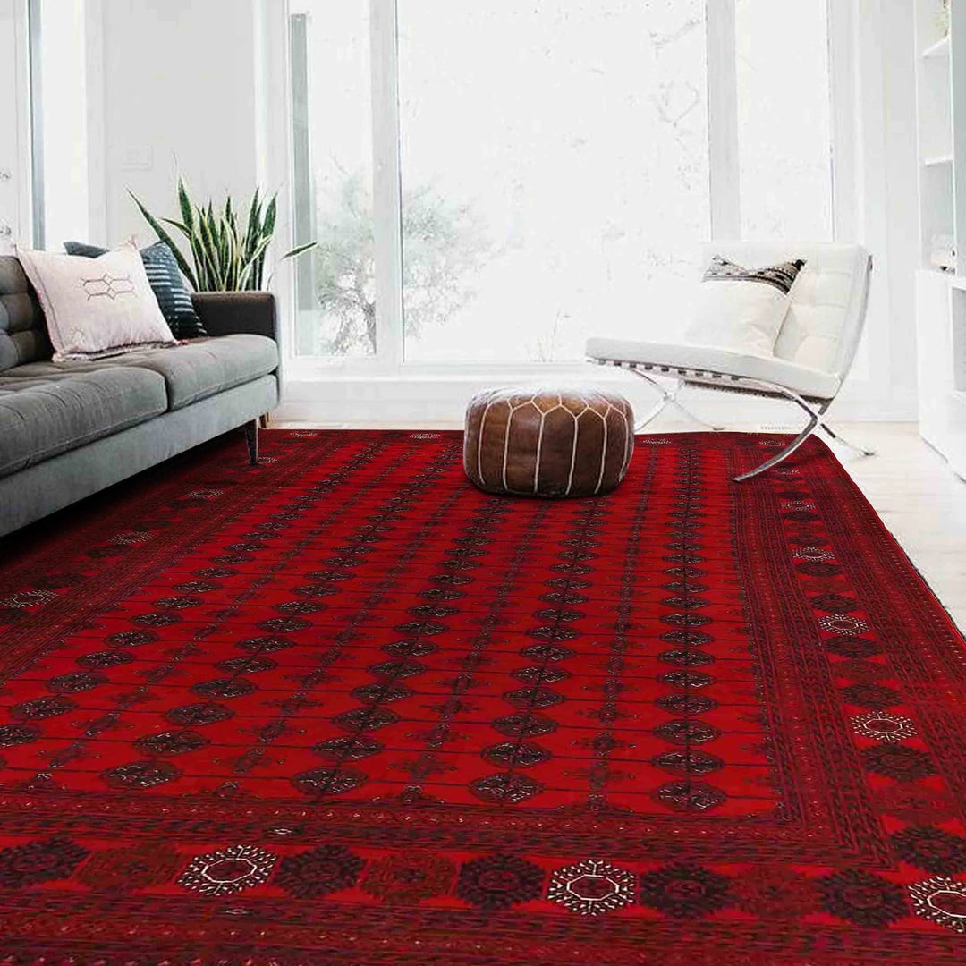 Red Afghan Bokhara Rug 6' 9" x 9' 7" Hand-Knotted | No. AL58569