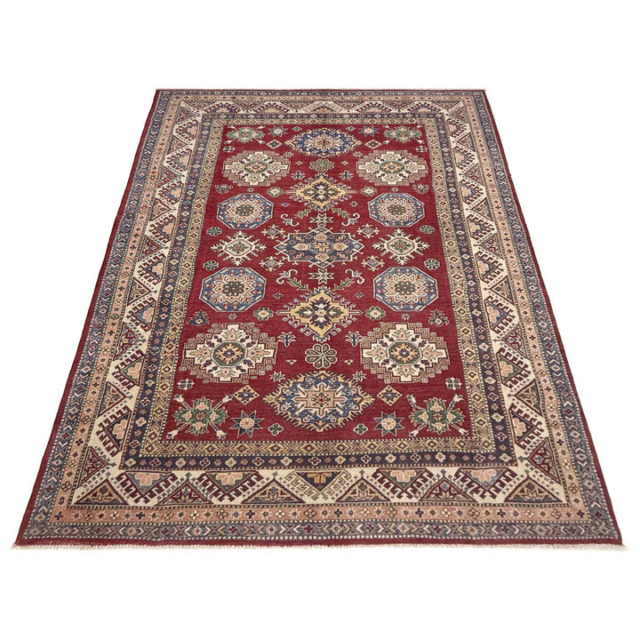 Red Afghan Kazak Rug 6' 4" x 9' 11" Hand-Knotted | No. AL58725