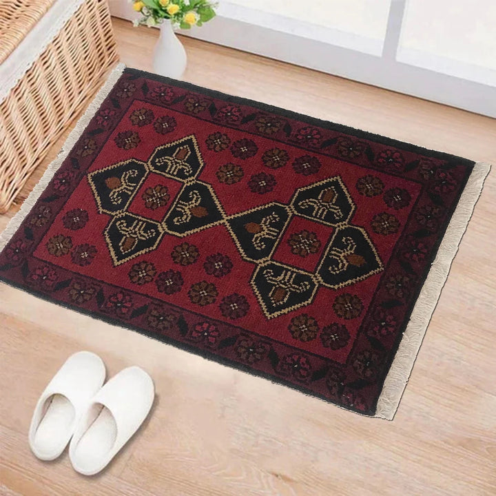 Red Afghan Oriental Doormat 1' 4" x 2' 0" Hand-Knotted | No. AL58769