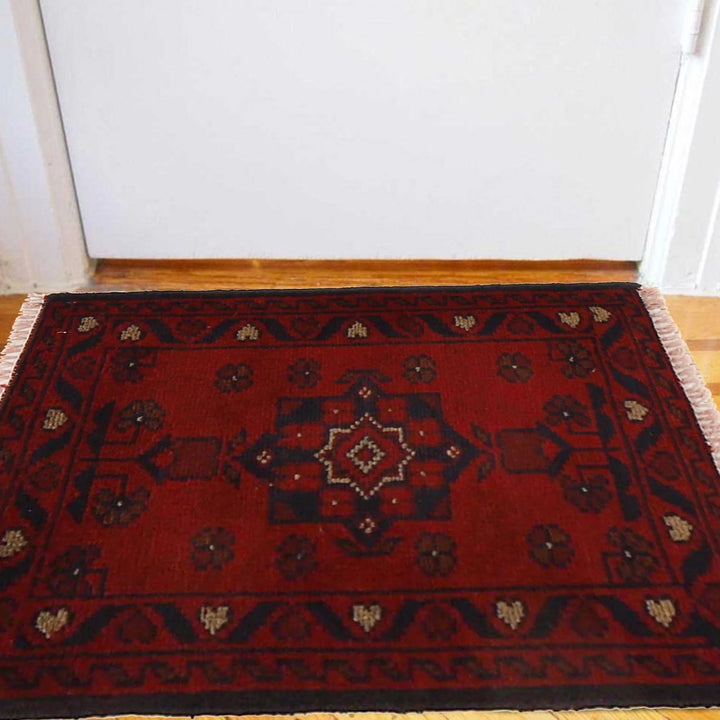 Red Afghan Oriental Doormat 1' 5" x 2' 0" Hand-Knotted | No. AL58937
