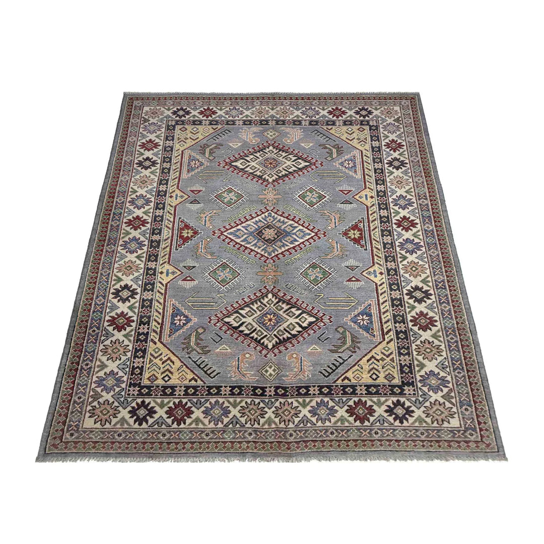 Gray Afghan Kazak Rug 4' 11" x 6' 11" Hand-Knotted | No. AL58979